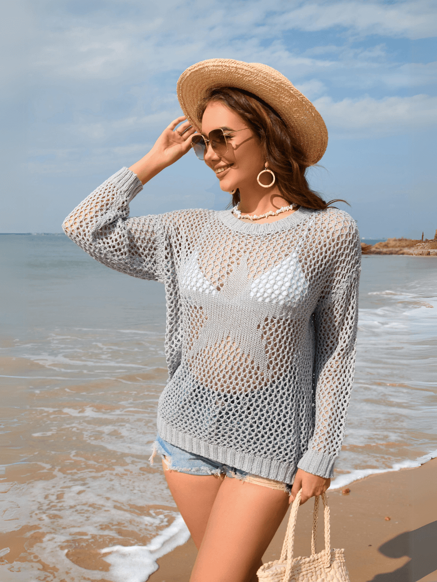 Vacation Star Cover-up Crochet Knit Sweater - Grey