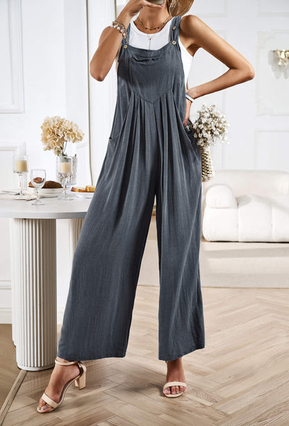 Linette Wide Leg Linen Overalls - Grey