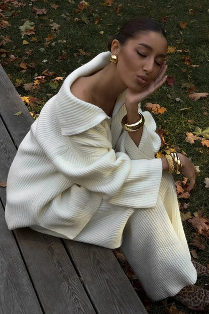 Half-zip Knit Collared Long Sleeve Wide Leg Two Piece Set