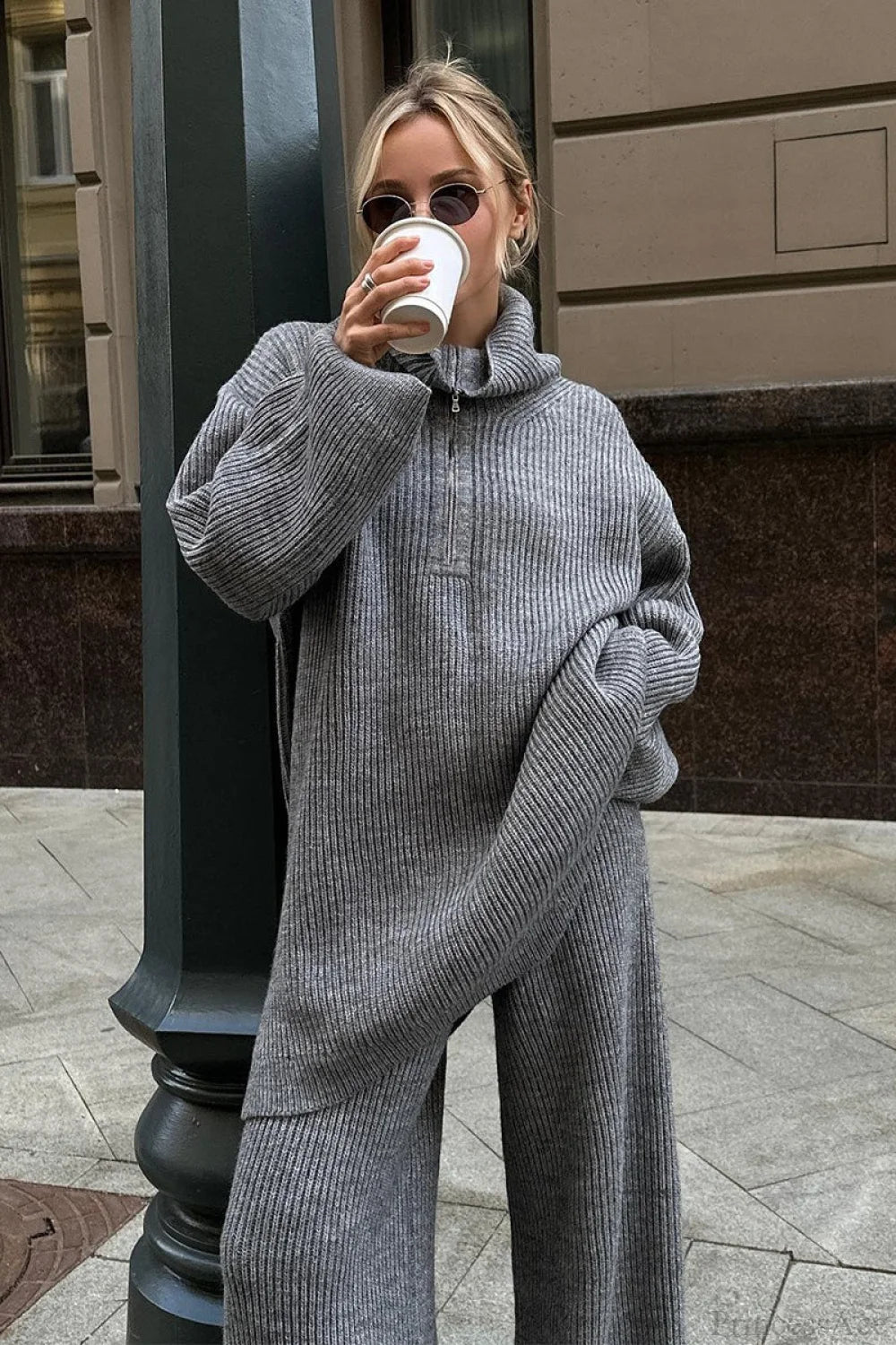 Half-zip Knit Collared Long Sleeve Wide Leg Two Piece Set