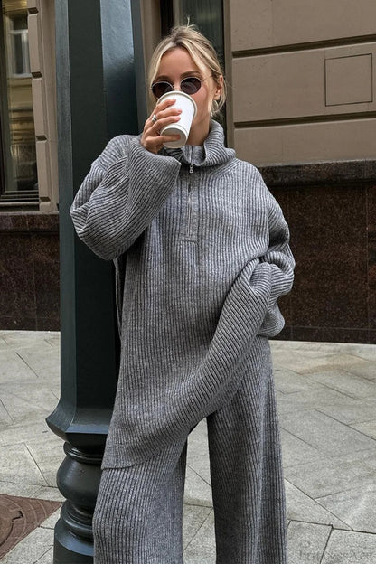 Half-zip Knit Collared Long Sleeve Wide Leg Two Piece Set