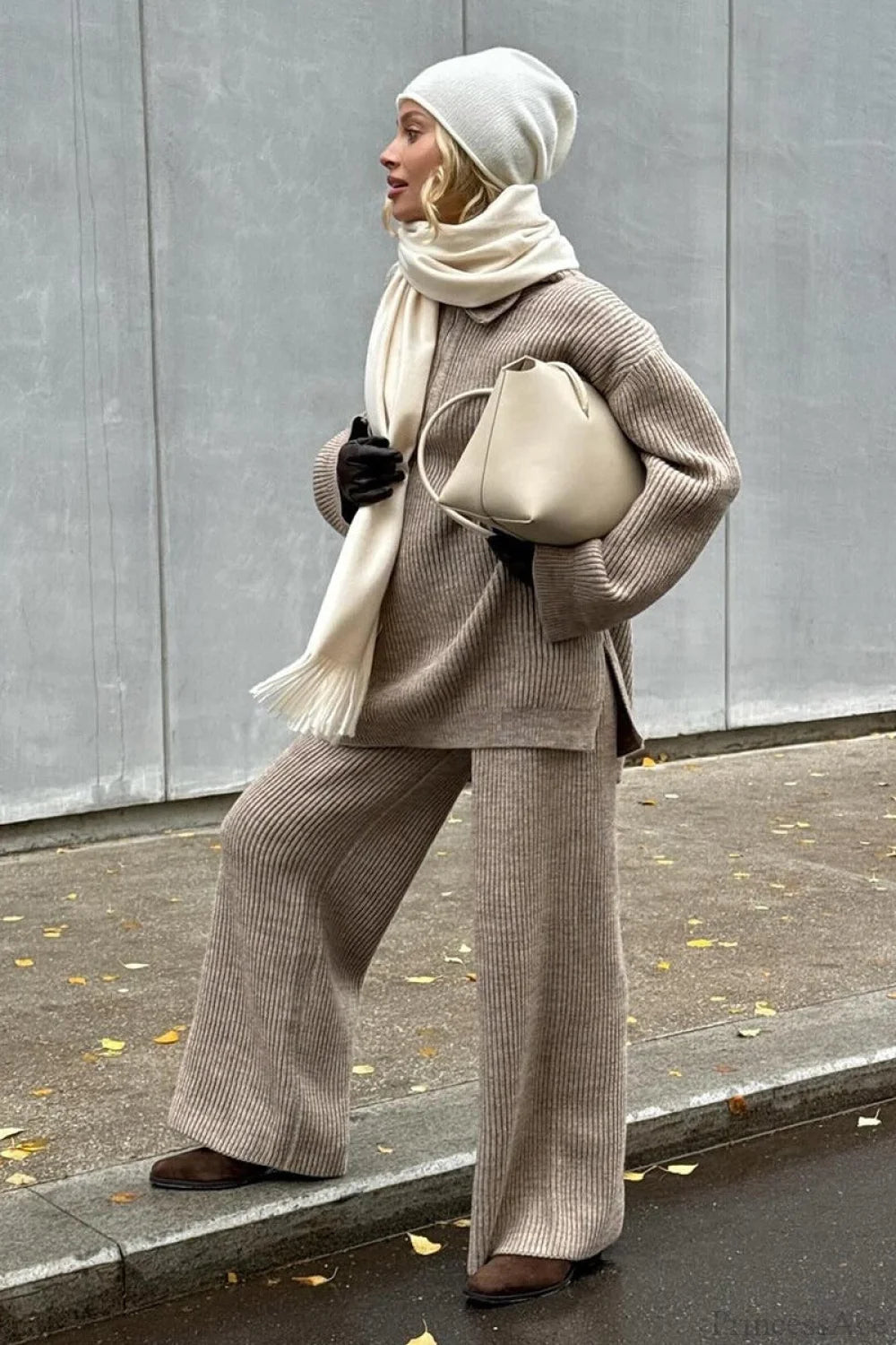 Half-zip Knit Collared Long Sleeve Wide Leg Two Piece Set