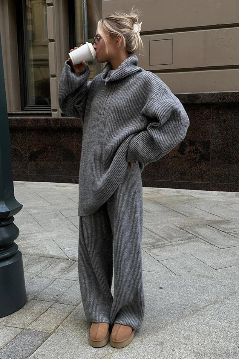 Half-zip Knit Collared Long Sleeve Wide Leg Two Piece Set