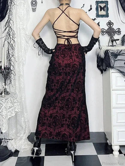 Halloween Cross Halter Flocking Maxi Dress