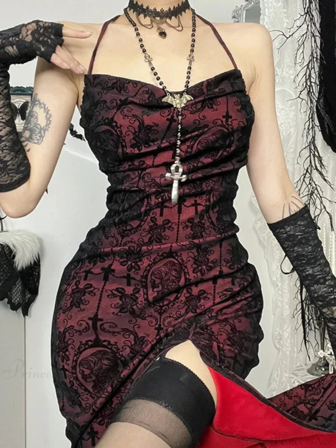 Halloween Cross Halter Flocking Maxi Dress