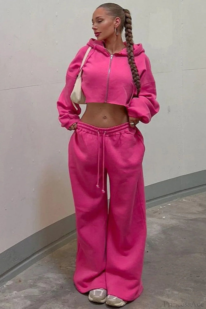 Hooded Zipper Cropped Slim Fit Two Piece Set