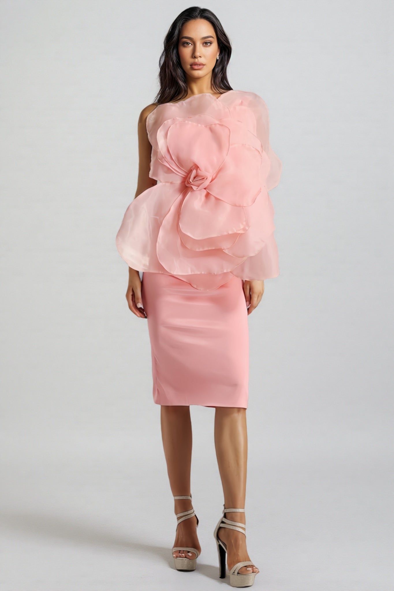 Alaya Slant Shoulder 3d Midi Dress-pink