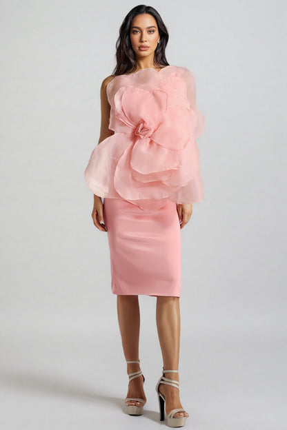 Alaya Slant Shoulder 3d Midi Dress-pink