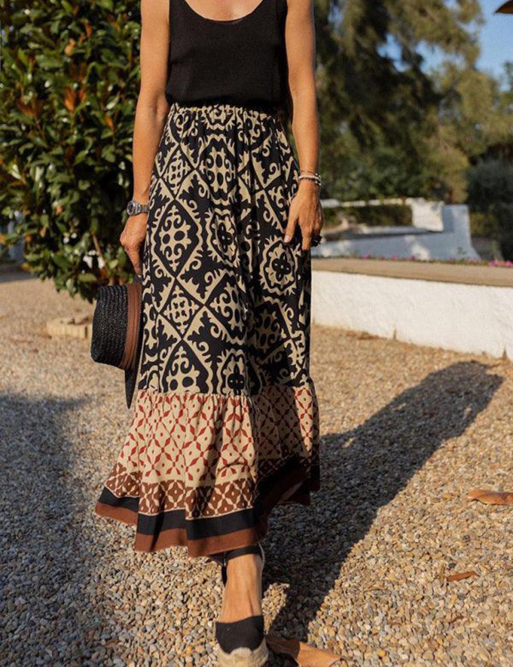 Baroque Tribal Print Maxi Skirt in Black