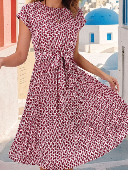 Short Sleeve Patterned Midi Dress With Waist Tie