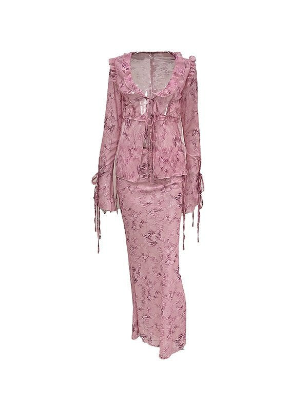 Pink Wood Ear Print Long Skirt Suit Two Pieces