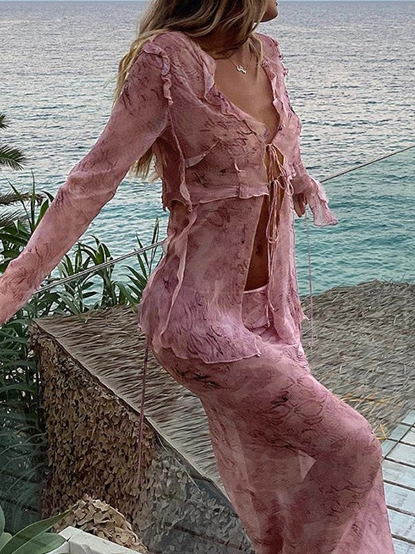 Pink Wood Ear Print Long Skirt Suit Two Pieces