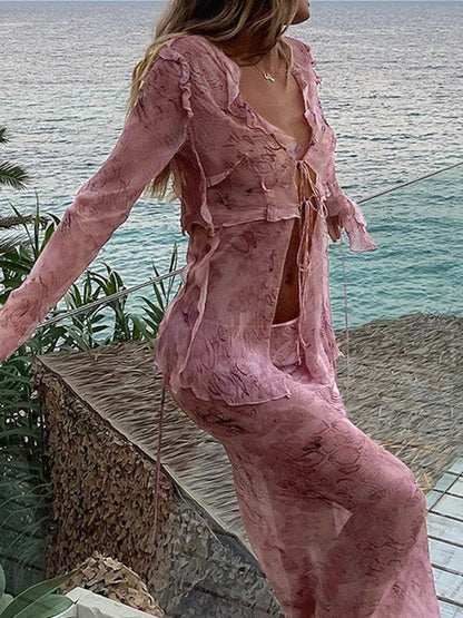 Pink Wood Ear Print Long Skirt Suit Two Pieces