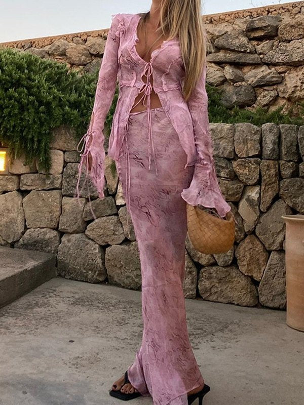 Pink Wood Ear Print Long Skirt Suit Two Pieces