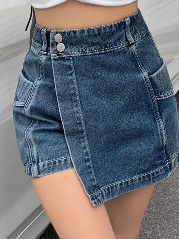 Blue Irregular High Waist Denim Shorts