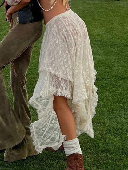 Apricot Y2k Irregular Lace Ruffle Skirt