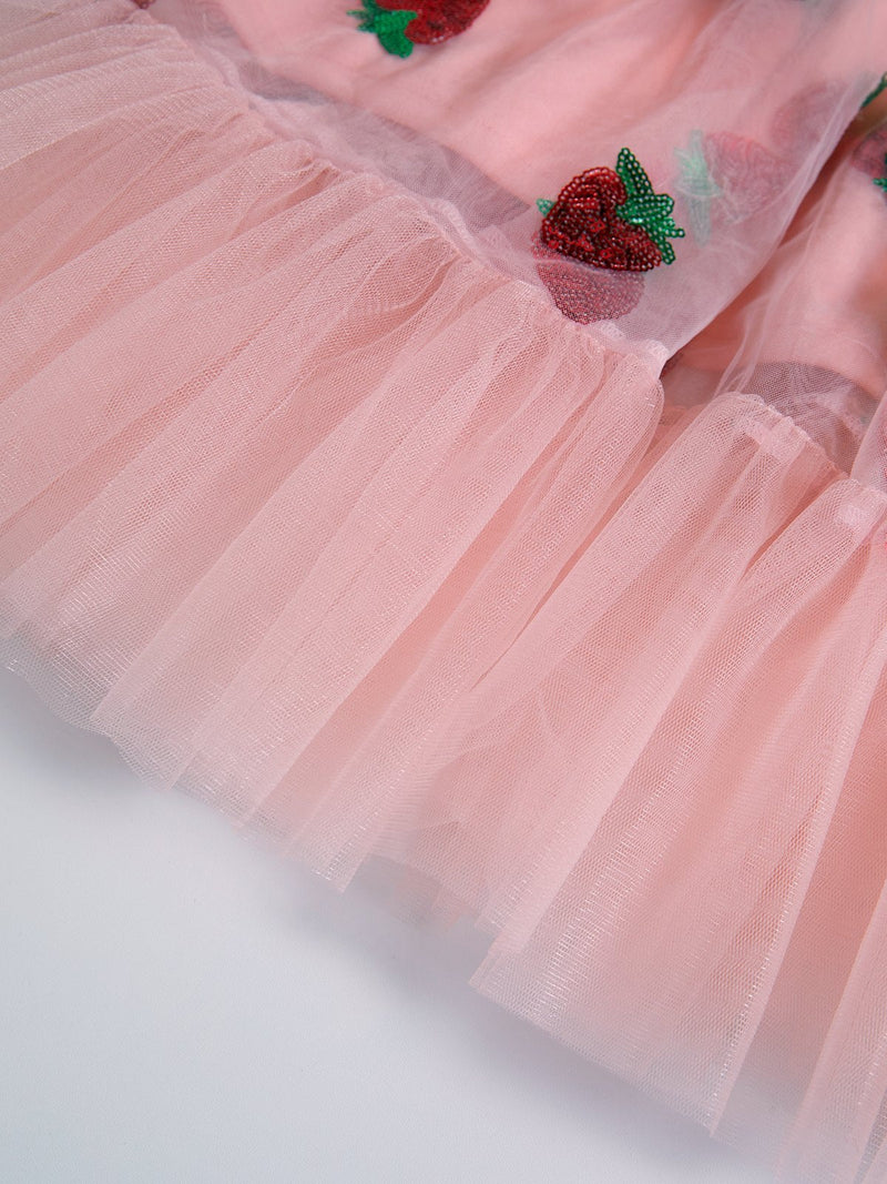 Pink Sequined Strawberry Mesh Pleated Maxi Dress