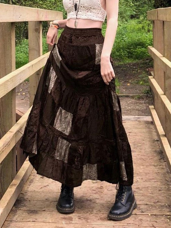Brown Patchwork Velvet Printed Maxi Skirt