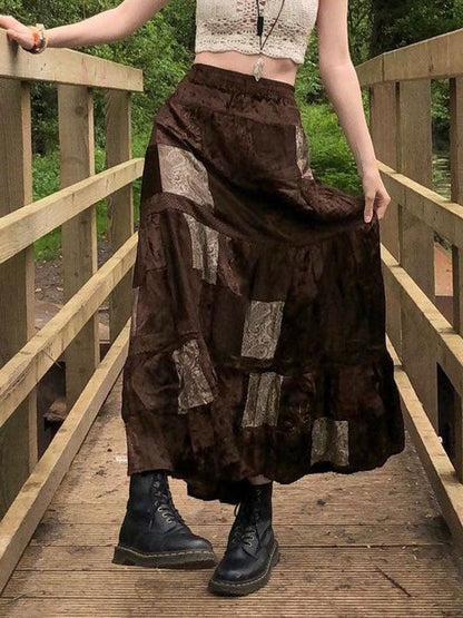 Brown Patchwork Velvet Printed Maxi Skirt