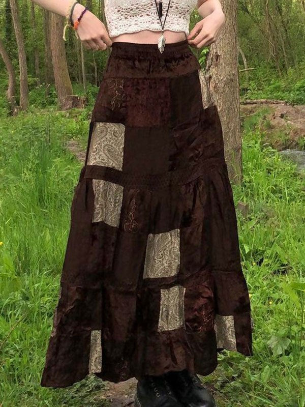 Brown Patchwork Velvet Printed Maxi Skirt
