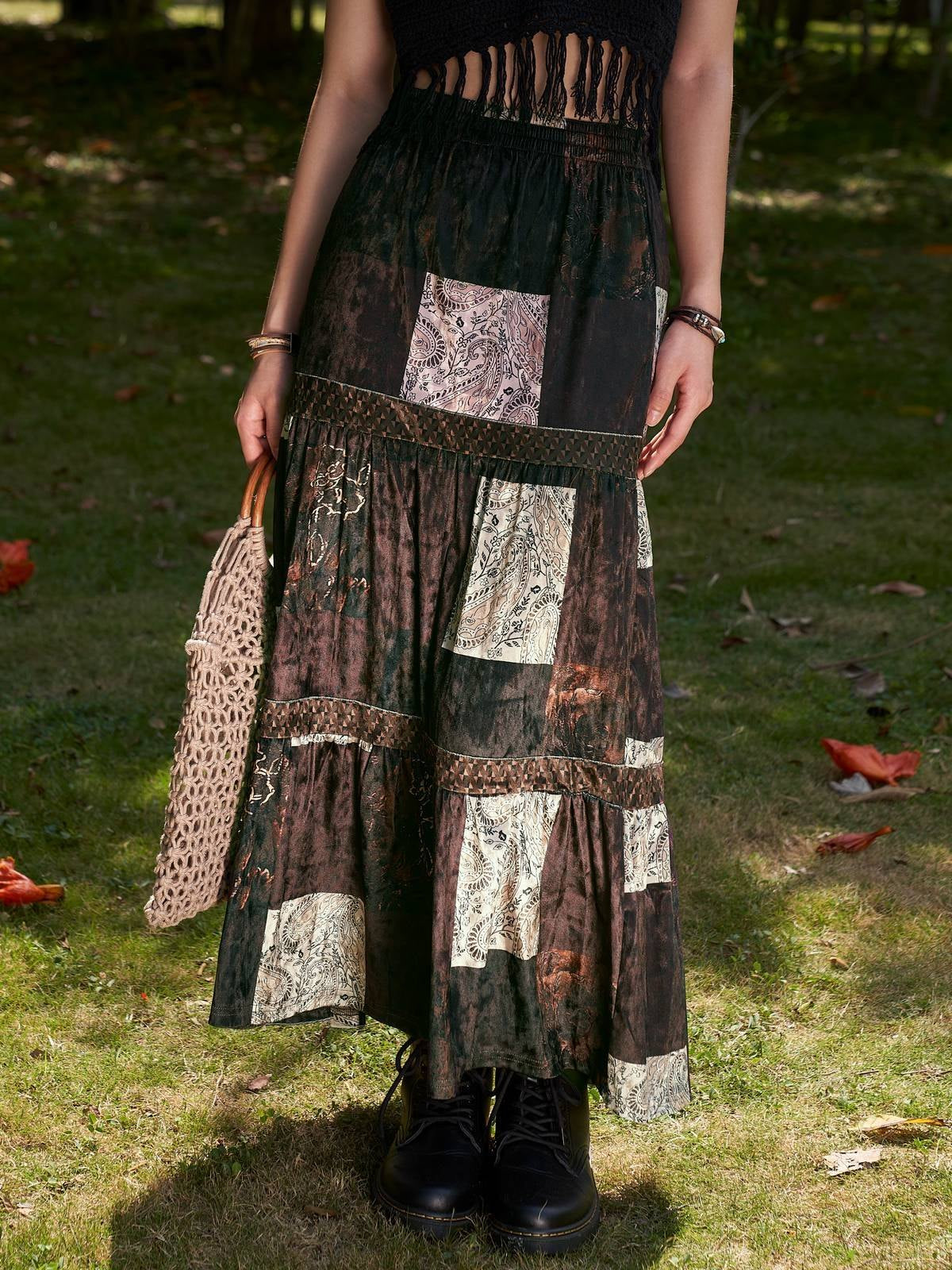 Brown Patchwork Velvet Printed Maxi Skirt