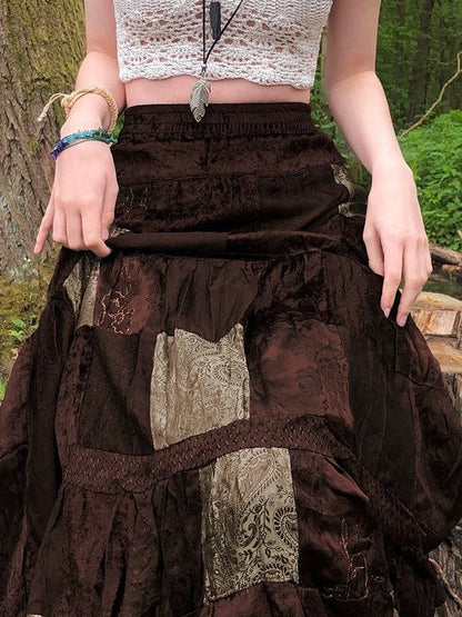 Brown Patchwork Velvet Printed Maxi Skirt
