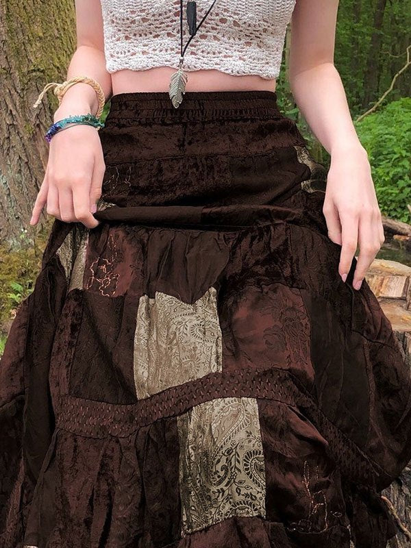 Brown Patchwork Velvet Printed Maxi Skirt