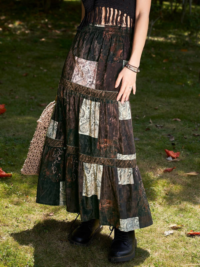 Brown Patchwork Velvet Printed Maxi Skirt