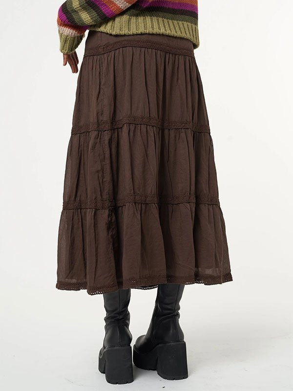 Brown Tiered Midi Skirt