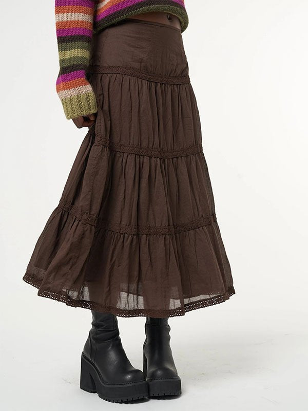 Brown Tiered Midi Skirt