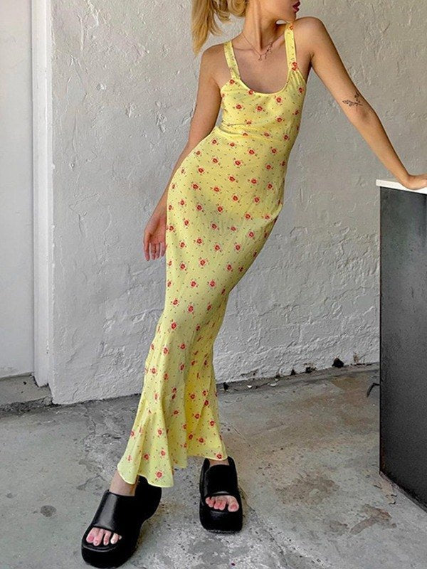 Yellow Sweet Summer Print Maxi Dress