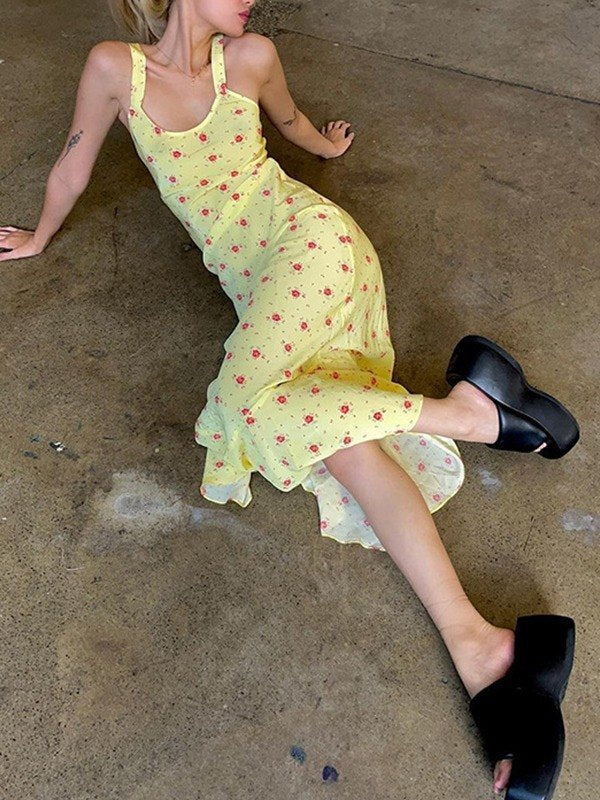 Yellow Sweet Summer Print Maxi Dress