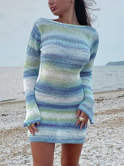 Backless Striped Knit Mini Dress With Trumpet Sleeve