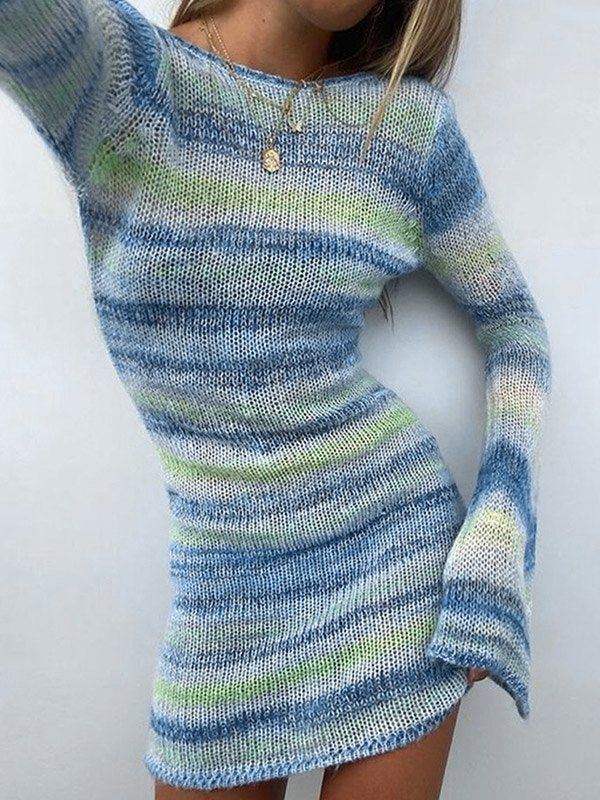 Backless Striped Knit Mini Dress With Trumpet Sleeve