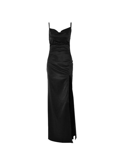 Black Satin Cowl Neck Split Maxi Dress