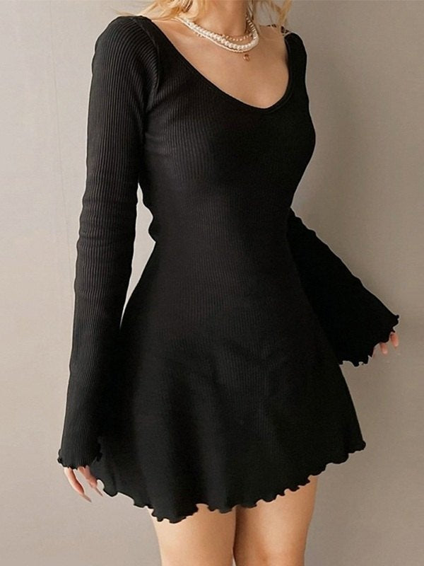 Black Knit Mini Dress With Long Sleeves