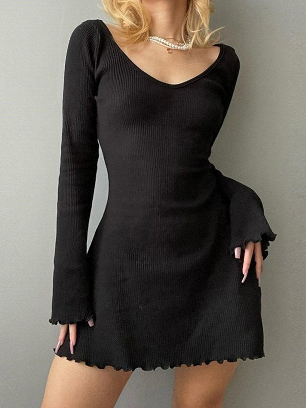 Black Knit Mini Dress With Long Sleeves