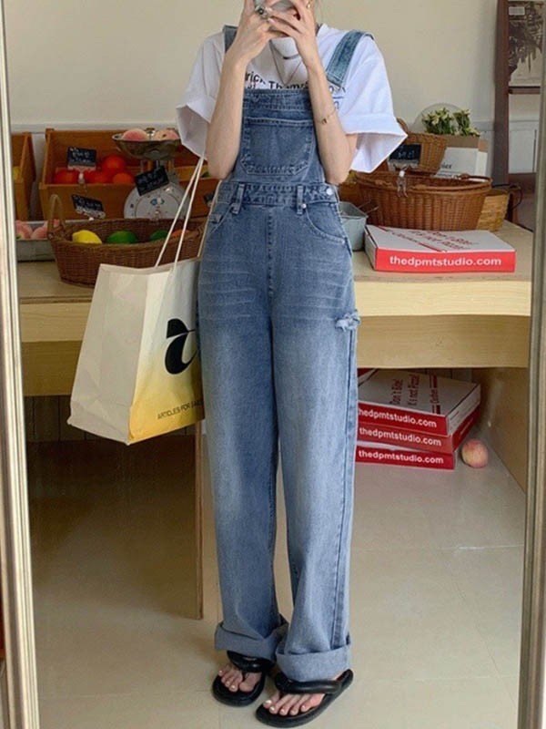 Blue Washed Denim Overalls With Distressed Detailing