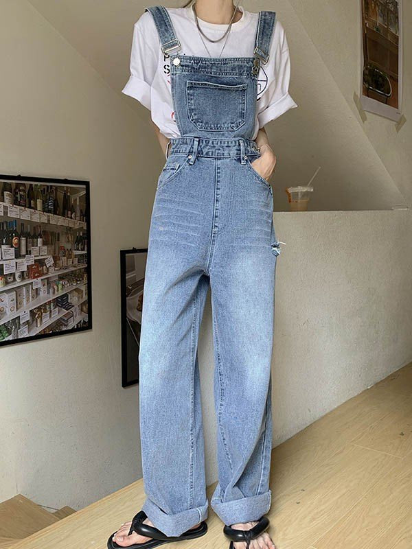 Blue Washed Denim Overalls With Distressed Detailing