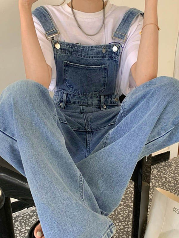 Blue Washed Denim Overalls With Distressed Detailing