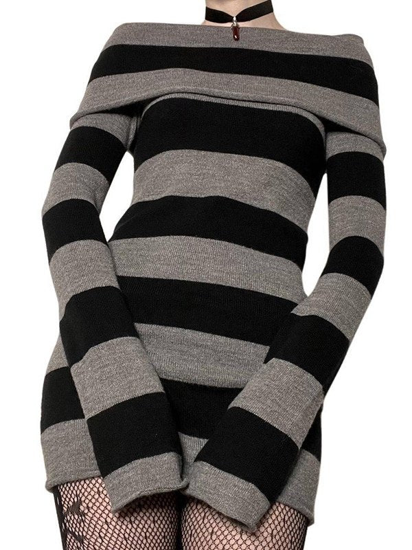 Striped Off-the-shoulder Long Sleeve Knit Mini Dress