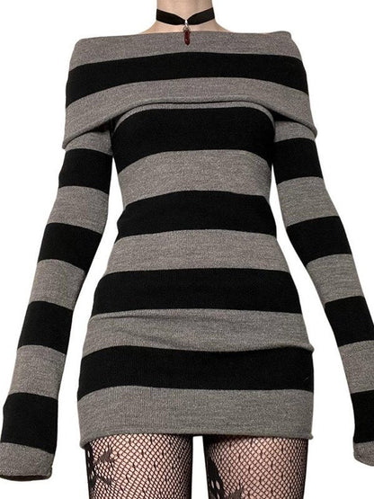 Striped Off-the-shoulder Long Sleeve Knit Mini Dress