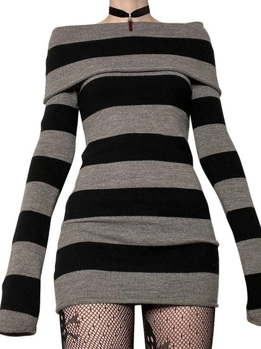 Striped Off-the-shoulder Long Sleeve Knit Mini Dress