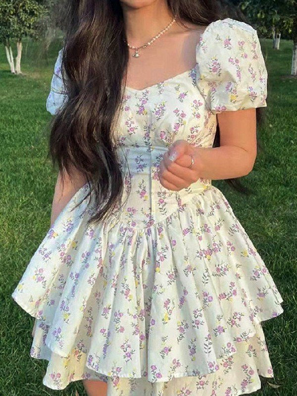 French Corset Slim Mini Dress With Puff Sleeve