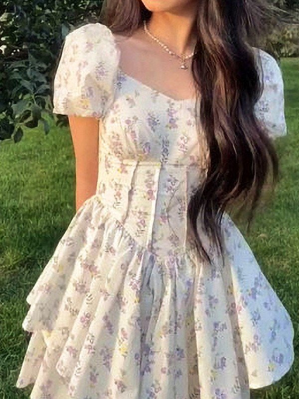 French Corset Slim Mini Dress With Puff Sleeve
