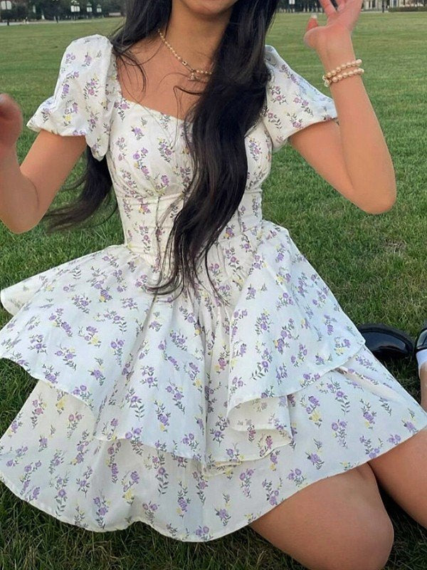 French Corset Slim Mini Dress With Puff Sleeve