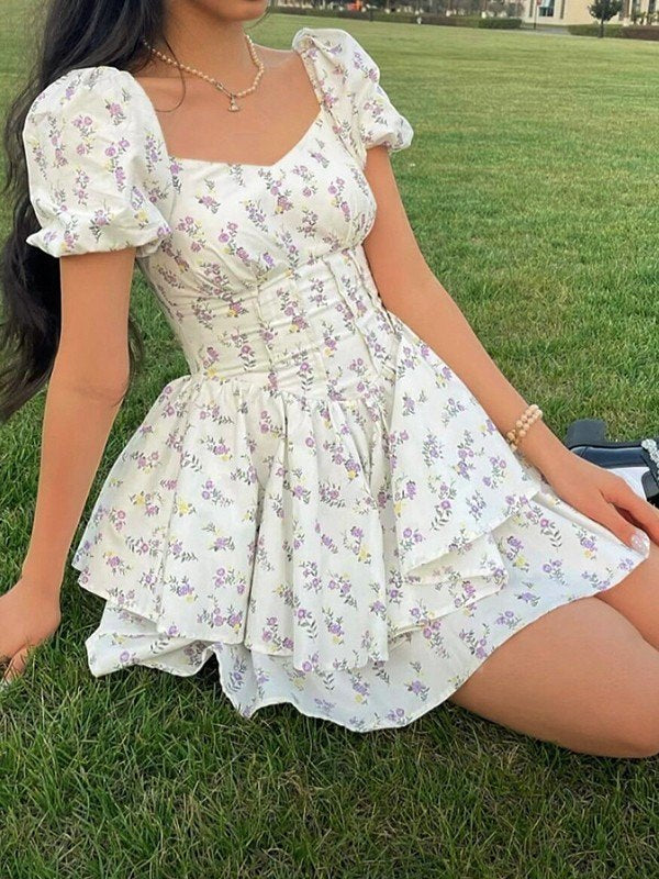 French Corset Slim Mini Dress With Puff Sleeve