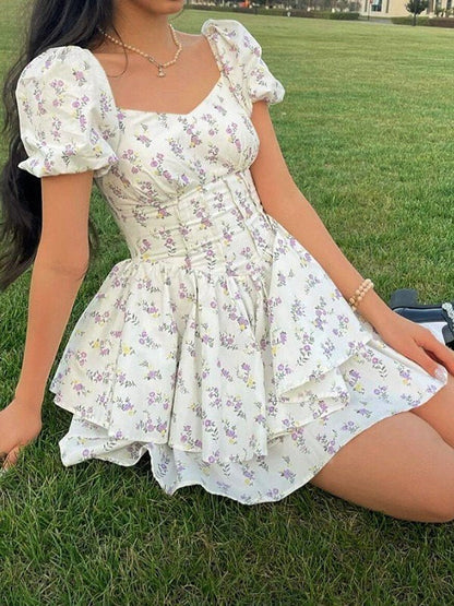 French Corset Slim Mini Dress With Puff Sleeve