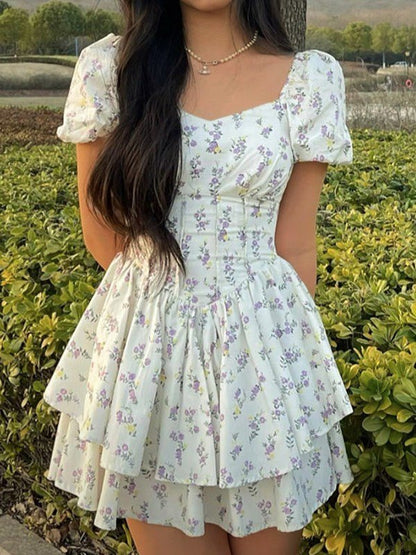 French Corset Slim Mini Dress With Puff Sleeve