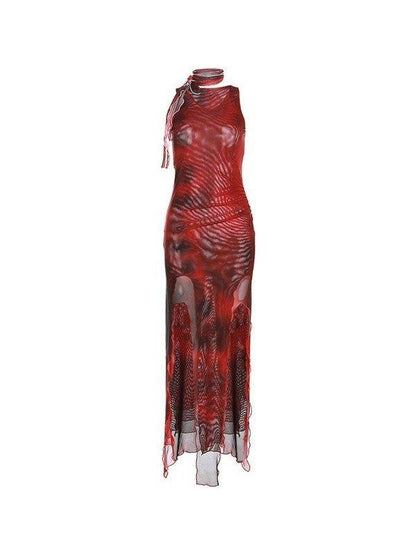 Red Mesh Bodycon Maxi Dress With Slit